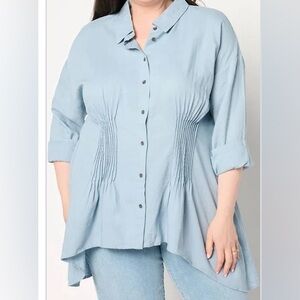 New Peace Love World Boheme Pintuck Sharkbite Hem Shirt Cloud Blue Size Medium